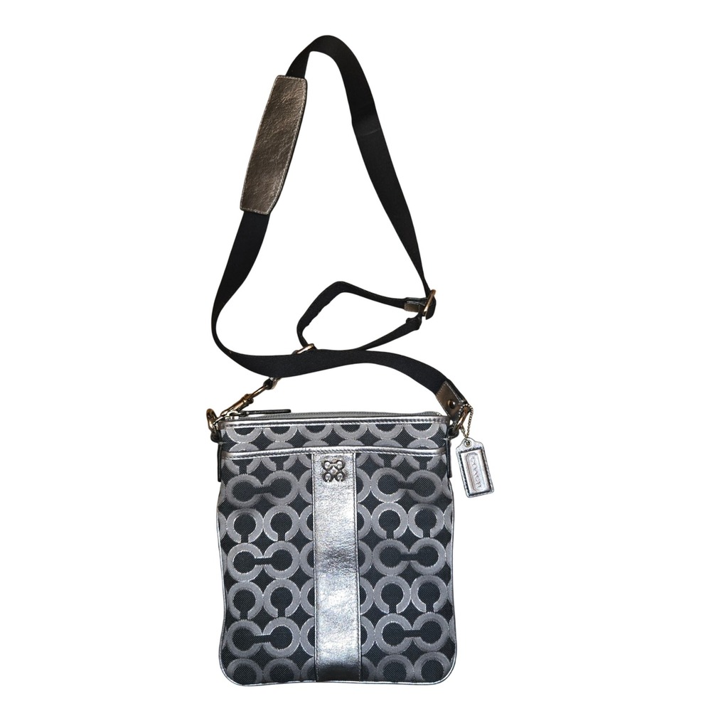 Coach Julia Op Art Swingpack Crossbody Bag Womens Small Black Silver Metallic